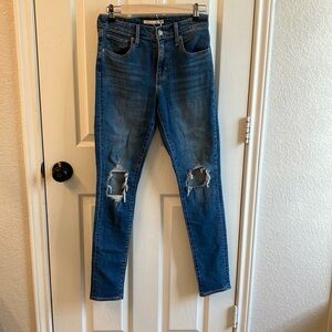 Levis 721 The High Rise Skinny Jean 26 Dark Wash Distressed Cotton Stretch Denim